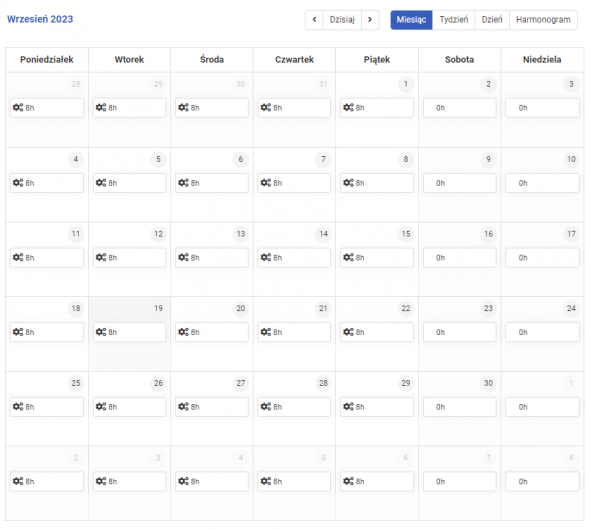 Ewidencja czasu pracy - Kalendarz pracy