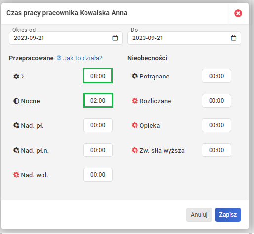 Ewidencja czasu pracy - Praca w godzinach nocnych