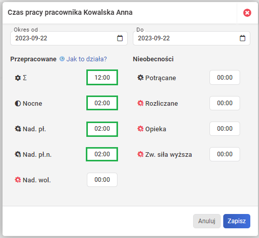 Ewidencja czasu pracy - Godziny nadliczbowe w nocy