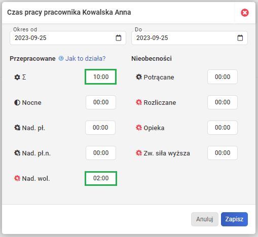 Ewidencja czasu pracy - Zamiana na dni wolne