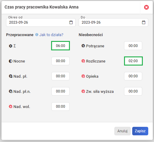 Ewidencja czasu pracy - Nadliczbowe w innym okresie