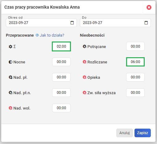 Ewidencja czasu pracy - Nadliczbowe w innym okresie na wniosek pracodawcy