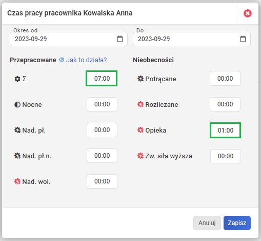 Ewidencja czasu pracy - Opieka nad dzieckiem