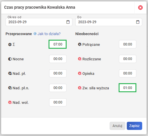 Ewidencja czasu pracy - Zwolnienie siła wyższa