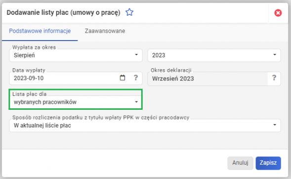 Lista płac - Za wybranych pracowników