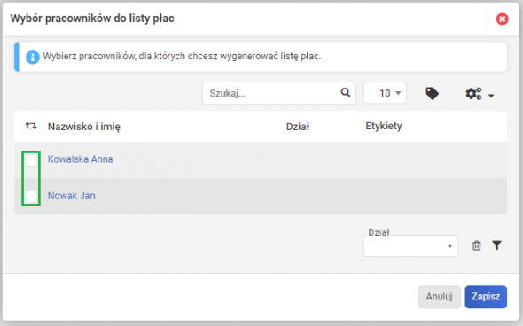 Lista płac - Wybór pracowników