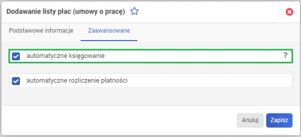 Lista płac - Automatyczne księgowanie