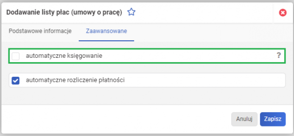 Lista płac - Odznaczenie automatycznego księgowania