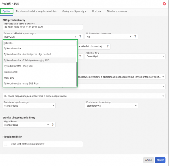 Schemat składek zus - wybór składek