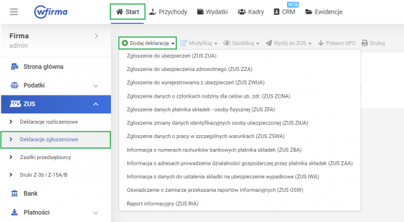 Deklaracje zgłoszeniowe ZUS - dodawanie deklaracji w wFirma.pl