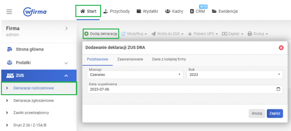 Deklaracje rozliczeniowe ZUS - dodawanie deklaracji