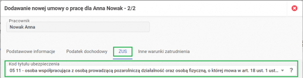 Osoba współpracująca zatrudniona na umowę o pracę - kod tytułu ubezpieczenia