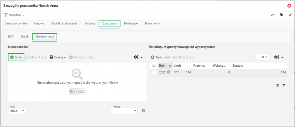 Osoba współpracująca zatrudniona na umowę o pracę - jak dodać nieobecność?