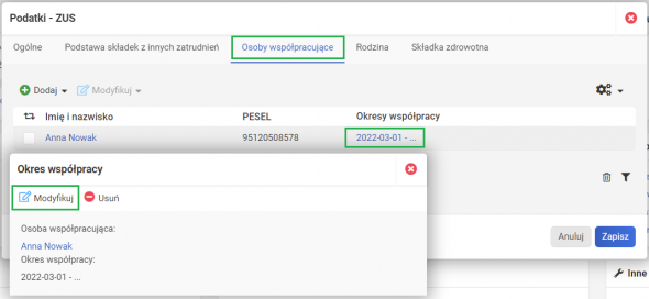 Osoba współpracująca zatrudniona na umowę o pracę - zmiana okresu współpracy
