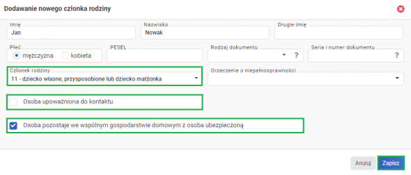 dodanie członka rodziny - dane członka rodziny