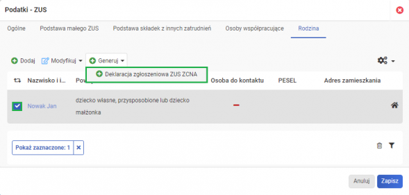 dodanie członka rodziny - generowanie ZCNA