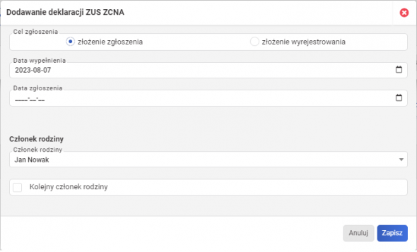 dodanie członka rodziny - ZUS ZCNA