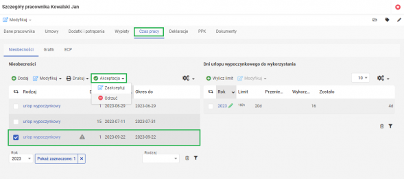 panel epracownik - akceptacja wniosku urlopowego