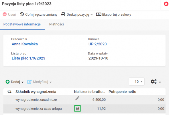 Wynagrodzenie urlopowe - podgląd wyliczeń i możliwość ręcznej modyfikacji