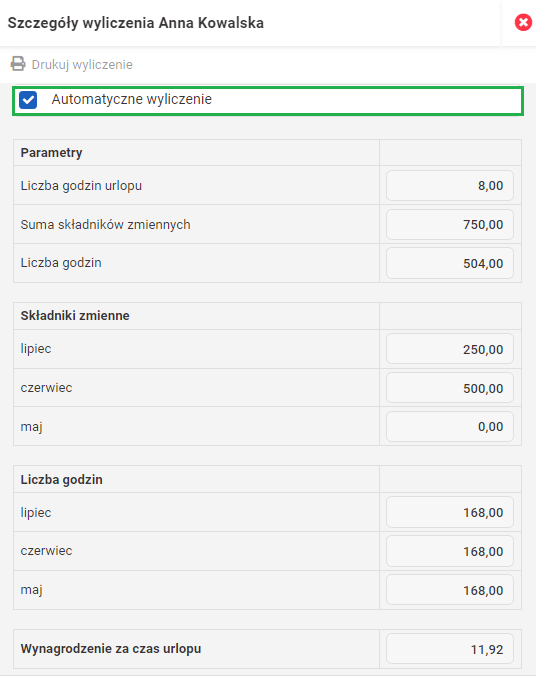 Wynagrodzenie urlopowe - automatyczne wyliczenie