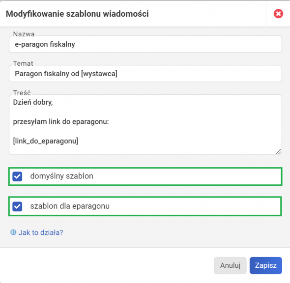 Integracja eparagony - ustawienia treści wiadomości